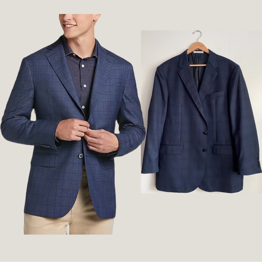 Joseph Abboud Navy Blue Check Wool Super 100’s Sport Coat Blazer Suit Jacket 46R